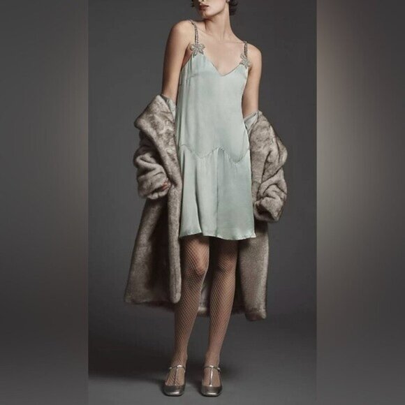 ❤️HP❤️ NWT Size L - Anthropologie 20's Vibe Silky Mini Dress in Mint - Picture 1 of 16